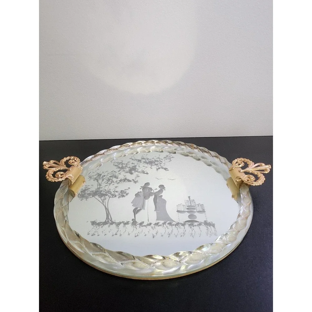 Italian Murano Venetian Etched Glass Mirror Gold Fleck Twist Rope Vanity Tray